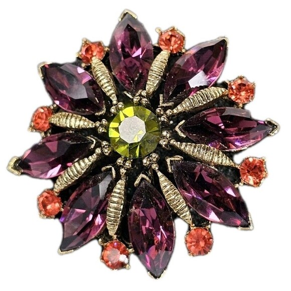 Vtg Graziano Brooch Flower Starburst Purple Red Green Faceted Rhinestones Foiled - Picture 3 of 5